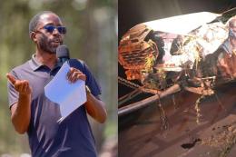 Collage photo of MP Clive Gisairo and a wrecked isuzu D-Max vehicle.